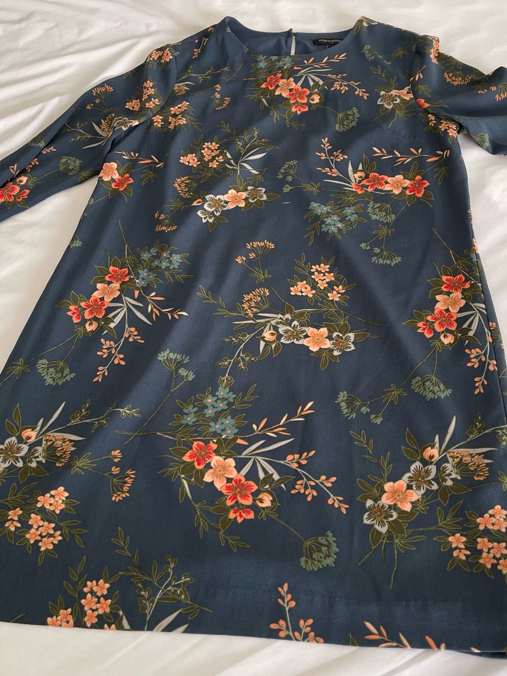 Banana Republic Dark Teal Floral Shift Dress with Peach & Green Blooms
